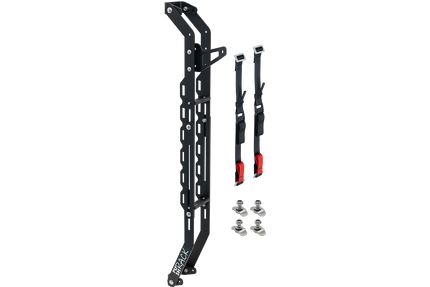 In this picture you can see a camper with vertical rear carriers for an e-scooter and a bicycle. The products are from Pushcomponents and were nominated in the Campfire 2025 ideas competition and presented at CMT 2025.