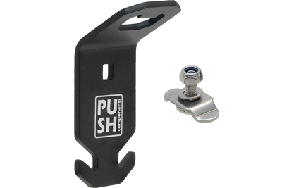 This picture shows the product PUSHrack bottle opener called BLOP, with which you can not only open your bottle but also hang a bin bag on the hook provided on the bottle opener.