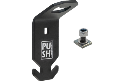 This picture shows the product PUSHrack bottle opener called BLOP, with which you can not only open your bottle but also hang a bin bag on the hook provided on the bottle opener.