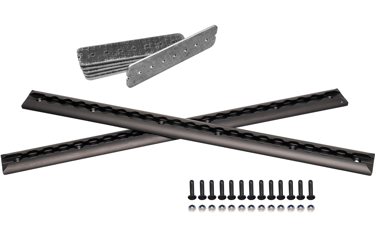 PUSHrack Airline Rails/L-Track Set with screws, nuts, and reinforcement plates for secure mounting on campervans