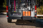 Open PUSHrack box on campervan with Skotti grill, mounted on the Room Extender below bicycles