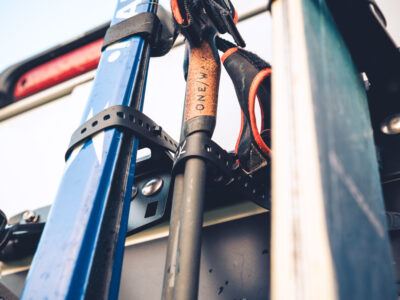 Crosscountry Ski and poles mounted on the back of swedish Van with the PUSHrack.