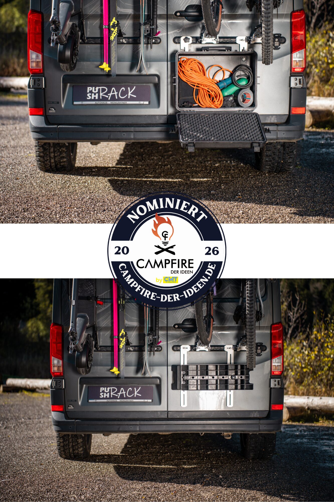PUSHrack Room Extender am Heck eines Campervans montiert – modulare Transportlösung, nominiert beim Campfire Ideenwettbewerb 2025